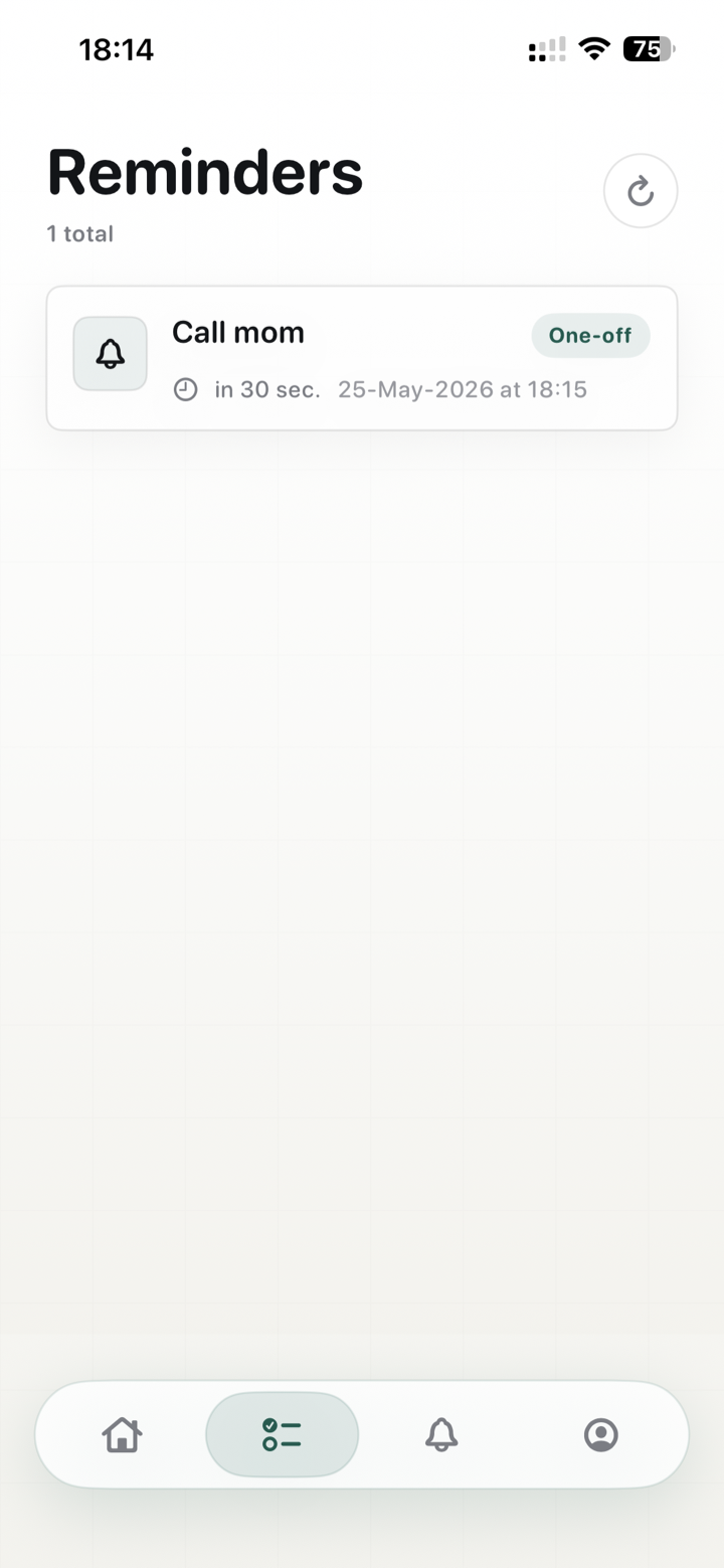 LetMeKnow reminders list showing Call mom scheduled as a one-off reminder.