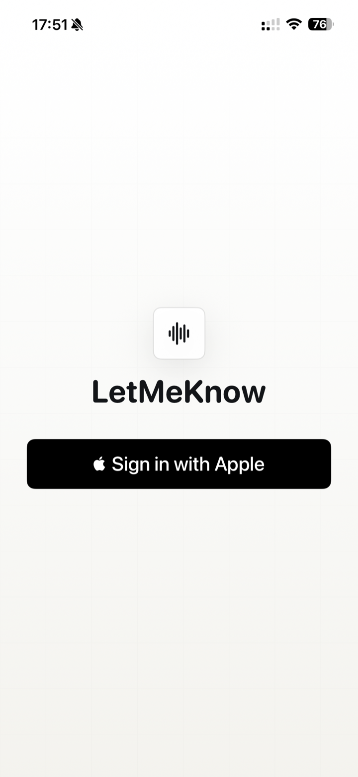 LetMeKnow sign in screen with Sign in with Apple.